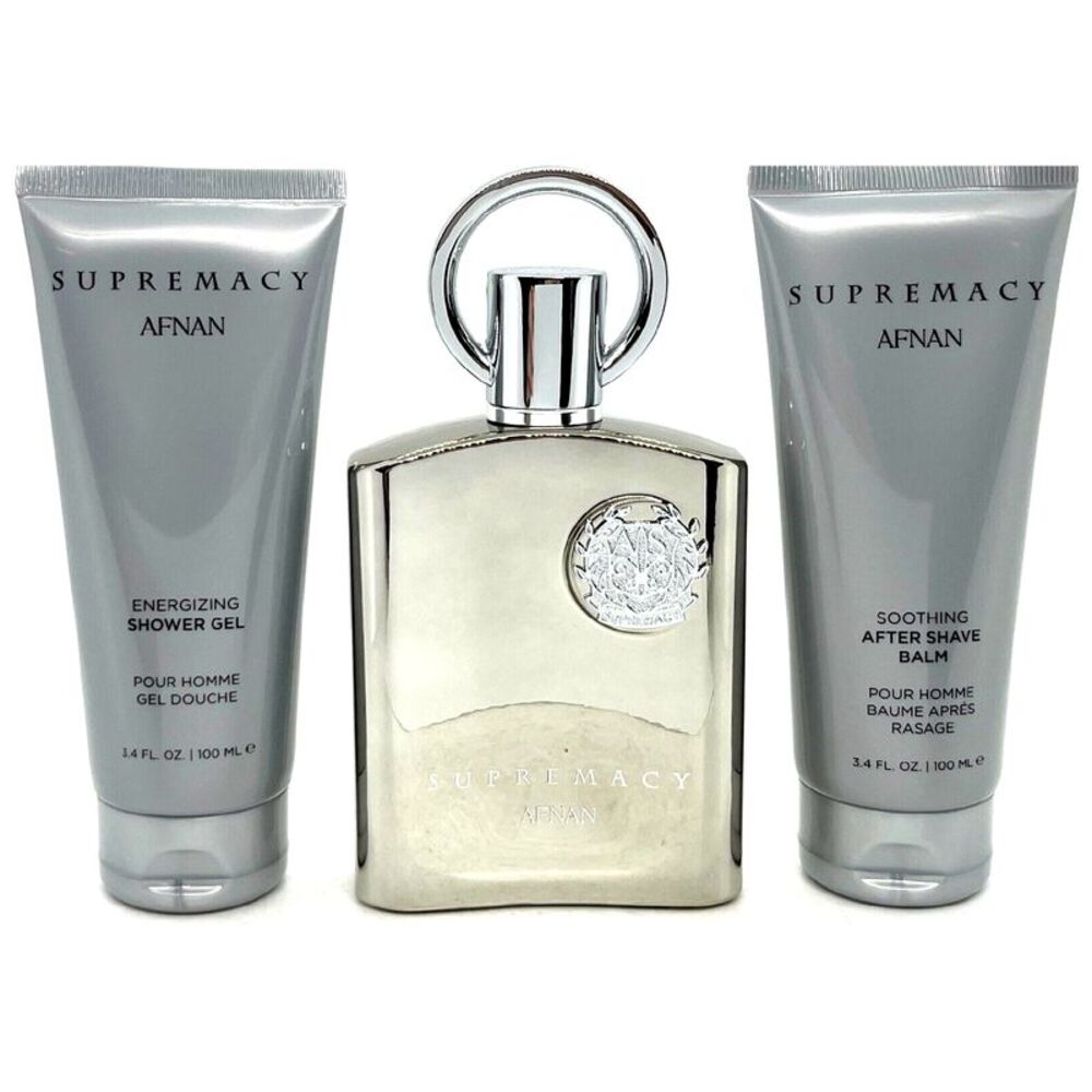 Afnan Supremacy Silver Gift Set  for Men (3.4 EDP SPR + 3.4 BL + 3.4 SG)  - New